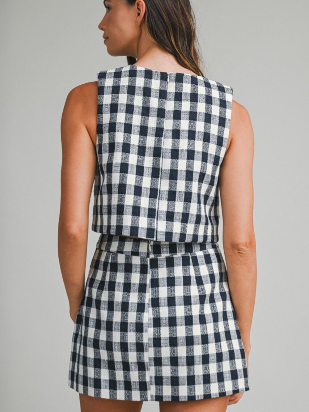 NWT Navy Gingham Cropped Sleeveless Top & Mini Skirt with Floral Button Set - Picture 3 of 5